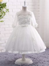 Glorious White Short Sleeves Tea Length Lace and Appliques Zipper Flower Girl Dress