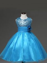 Customized Scoop Sleeveless Tulle Kids Formal Wear Sequins and Hand Made Flower Zipper