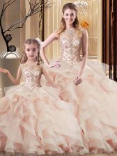 Lovely Scoop Sleeveless Brush Train Lace Up 15 Quinceanera Dress Peach Tulle