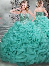 Hot Selling Sleeveless Organza Brush Train Lace Up Quinceanera Dresses in Turquoise with Beading and Pick Ups
