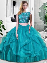 Custom Fit Teal Two Pieces Lace and Embroidery and Ruffles Quinceanera Dress Zipper Tulle Sleeveless Floor Length