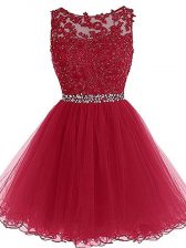 Extravagant Sleeveless Tulle Mini Length Zipper Homecoming Dress in Burgundy with Beading and Lace and Appliques