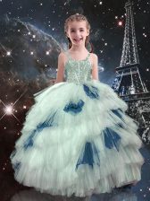  Sleeveless Floor Length Beading and Ruffled Layers Lace Up Girls Pageant Dresses with White