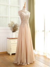 Discount Floor Length Zipper Homecoming Dress Champagne for Prom and Military Ball with Beading and Appliques