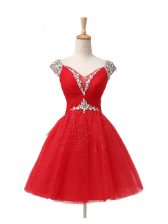 Captivating Red A-line V-neck Cap Sleeves Tulle Mini Length Lace Up Beading and Sequins Prom Evening Gown