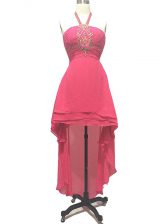 Great High Low Hot Pink Prom Gown Chiffon Sleeveless Beading