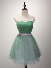 Affordable Green A-line Sweetheart Sleeveless Tulle Mini Length Lace Up Beading and Ruching Dama Dress