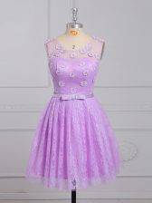  Lilac Sleeveless Mini Length Appliques and Belt Lace Up Quinceanera Court of Honor Dress