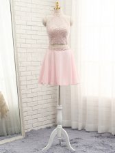 Charming Two Pieces Prom Evening Gown Pink Halter Top Chiffon Sleeveless Mini Length Zipper
