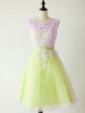 Fitting Yellow Green A-line Tulle Scoop Sleeveless Lace Knee Length Lace Up Quinceanera Court Dresses
