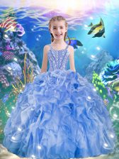 Best Light Blue Organza Lace Up Kids Pageant Dress Sleeveless Floor Length Beading and Ruffles