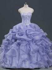  Lavender Ball Gowns Beading and Ruffles and Pick Ups 15th Birthday Dress Lace Up Organza Sleeveless Floor Length