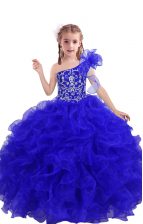  Royal Blue Ball Gowns One Shoulder Sleeveless Organza Floor Length Lace Up Beading and Ruffles Child Pageant Dress