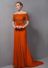  Orange Chiffon Zipper Evening Dress Short Sleeves Sweep Train Lace