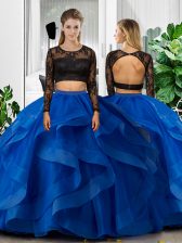 Custom Design Floor Length Blue Ball Gown Prom Dress Scoop Long Sleeves Backless