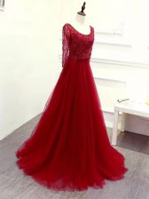 Sweet Tulle Scoop Long Sleeves Brush Train Zipper Beading and Lace and Belt Prom Dress in Wine Red