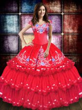  Coral Red Lace Up Off The Shoulder Embroidery and Ruffled Layers Quinceanera Gown Taffeta Sleeveless
