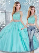 Exceptional Aqua Blue Clasp Handle Scoop Beading and Lace and Sashes ribbons Ball Gown Prom Dress Tulle Sleeveless