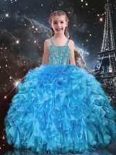 High Class Straps Sleeveless Party Dress for Toddlers Floor Length Beading and Ruffles Baby Blue Organza