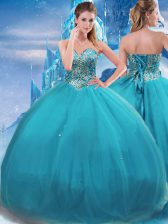  Floor Length Teal Quinceanera Dresses Sweetheart Sleeveless Lace Up
