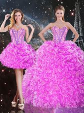 Extravagant Fuchsia Lace Up Sweetheart Beading and Ruffles Quince Ball Gowns Organza Sleeveless