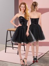  Black A-line Sequins Prom Dress Zipper Tulle Sleeveless Mini Length