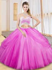  Lilac Two Pieces One Shoulder Sleeveless Tulle Floor Length Criss Cross Beading and Ruching and Pick Ups Quinceanera Dresses