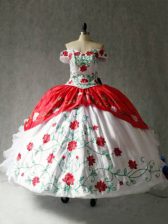 Fashion Off The Shoulder Cap Sleeves Lace Up Sweet 16 Quinceanera Dress White And Red Organza and Taffeta