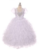  Sleeveless Organza Floor Length Lace Up Party Dress for Toddlers in White with Beading and Ruffles