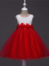 Wine Red Ball Gowns Scoop Sleeveless Tulle Knee Length Zipper Lace and Hand Made Flower Kids Pageant Dress