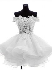 Deluxe White Organza Zipper Prom Dresses Sleeveless Mini Length Beading and Lace and Ruffles
