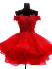 On Sale Red Organza Zipper Off The Shoulder Sleeveless Mini Length Prom Dresses Lace and Appliques and Ruffles