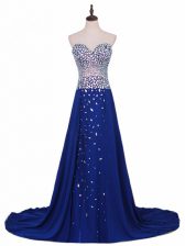  Zipper Prom Party Dress Royal Blue for Prom and Party and Military Ball and Sweet 16 with Beading Brush Train