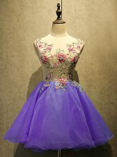 Purple Sleeveless Mini Length Appliques Lace Up Prom Dresses
