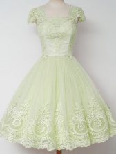 Top Selling Knee Length Yellow Green Damas Dress Tulle Cap Sleeves Lace