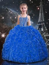 Super Floor Length Blue Little Girl Pageant Gowns Organza Sleeveless Beading and Ruffles