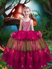  Floor Length Lace Up Child Pageant Dress Hot Pink for Quinceanera and Wedding Party with Beading and Ruffled Layers