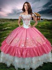 High Quality Taffeta Off The Shoulder Sleeveless Lace Up Beading and Embroidery and Ruffled Layers Ball Gown Prom Dress in Hot Pink