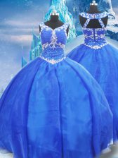  Blue Ball Gowns Beading Quinceanera Dresses Zipper Organza Sleeveless Floor Length