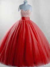 Elegant Sleeveless Floor Length Beading Lace Up Sweet 16 Quinceanera Dress with Red
