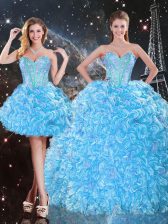 Beautiful Organza Sweetheart Sleeveless Lace Up Beading and Ruffles Sweet 16 Dresses in Baby Blue