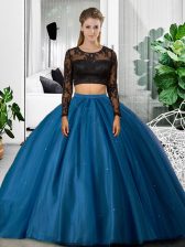  Blue Vestidos de Quinceanera Military Ball and Sweet 16 and Quinceanera with Lace and Ruching Scoop Long Sleeves Backless