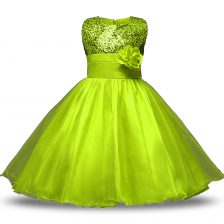 Fashion Olive Green Scoop Neckline Bowknot and Belt and Hand Made Flower Flower Girl Dresses Sleeveless Zipper