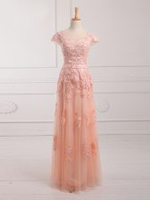 Luxurious Peach Cap Sleeves Lace and Appliques and Belt Floor Length Homecoming Dress