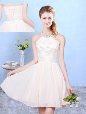  Sleeveless Chiffon Knee Length Lace Up Quinceanera Dama Dress in Champagne with Lace