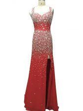 Free and Easy Sleeveless Beading Backless Dress for Prom with Burgundy Brush Train