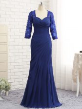 Dramatic Blue Sweetheart Zipper Beading and Lace and Appliques and Ruching Prom Evening Gown 3 4 Length Sleeve
