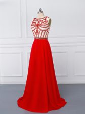Sexy Chiffon Scoop Sleeveless Sweep Train Side Zipper Beading Prom Party Dress in Red