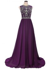 Dramatic Beading Prom Evening Gown Purple Side Zipper Short Sleeves Brush Train