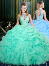 Fabulous Apple Green Sleeveless Organza Lace Up 15 Quinceanera Dress for Military Ball and Sweet 16 and Quinceanera